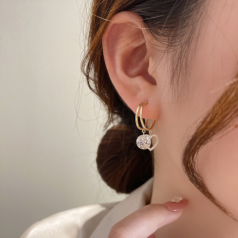 South Korea Dongdaemun Double Circle Love Girly Temperamental All-Match Earrings 925 Silver Needle Zircon Small Love Heart Stud Earrings Earrings