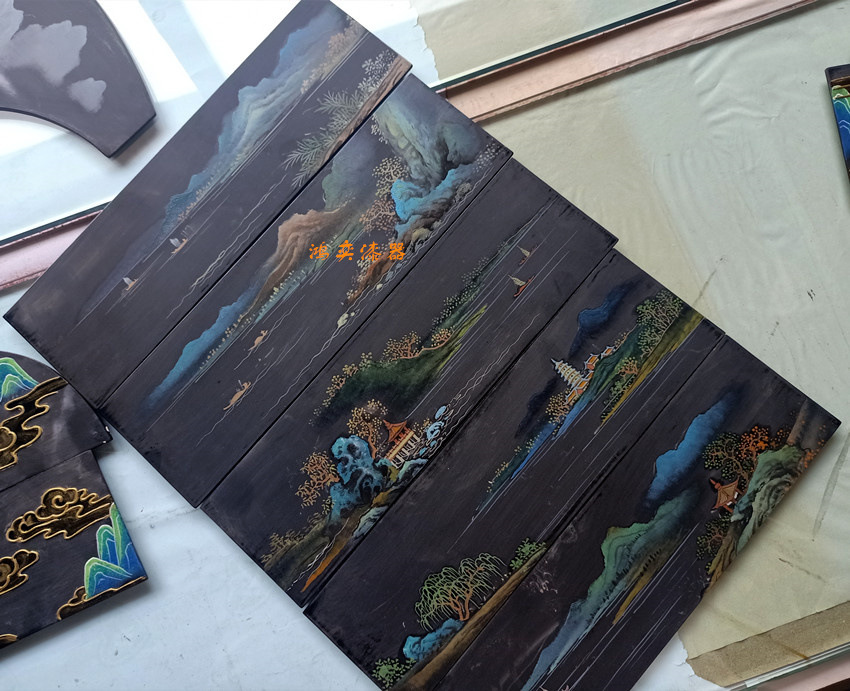 国风手工绘山水漆画古筝配件花板描金彩绘装饰板标准尺寸创意画板