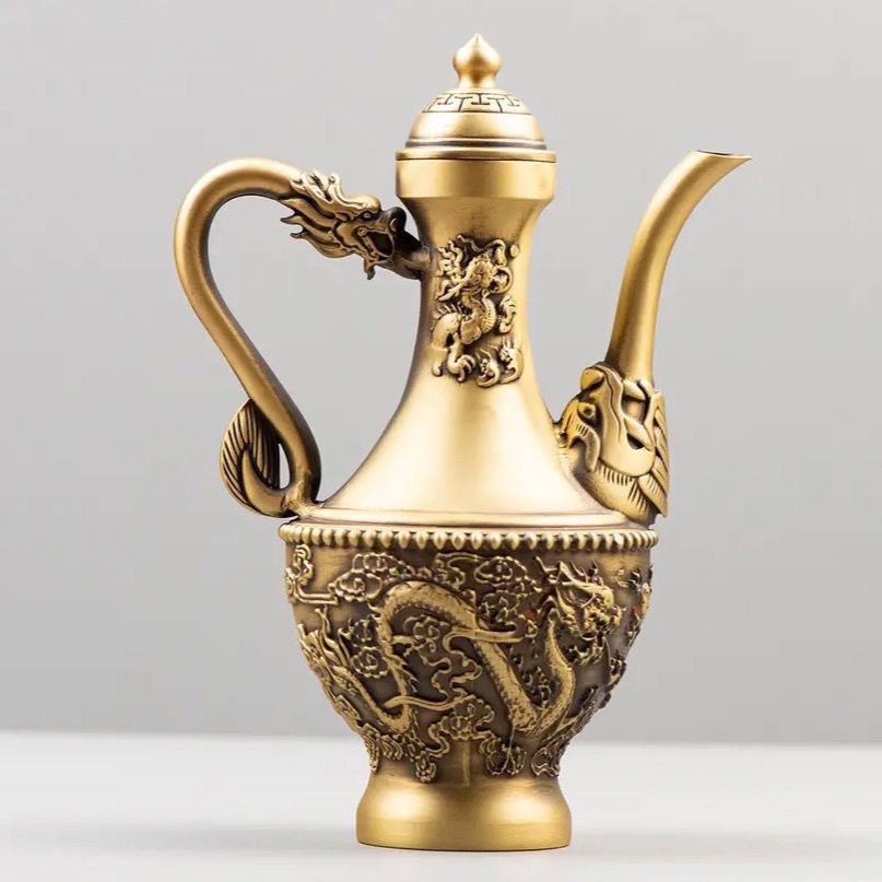 轻奢风双龙酒壶龙风酒壶百度酒壶黄铜家居家里酒具仿古酒具桌面摆