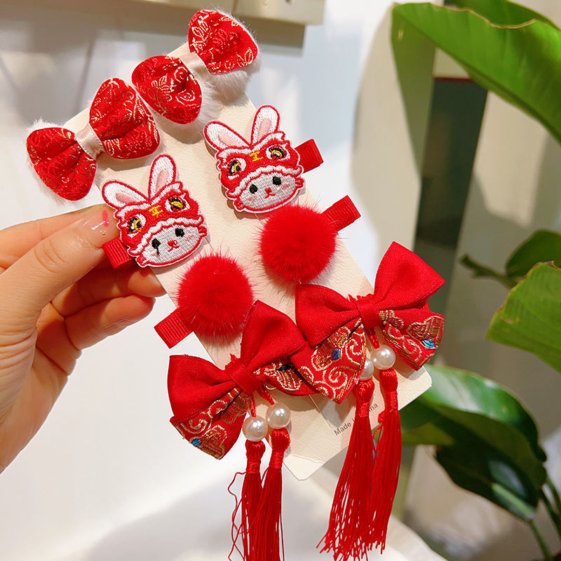 Girls' Hair Accessories New Year Red Fringed Headwear New Year Festive Hanfu Barrettes Bow Fu Character Hairpin