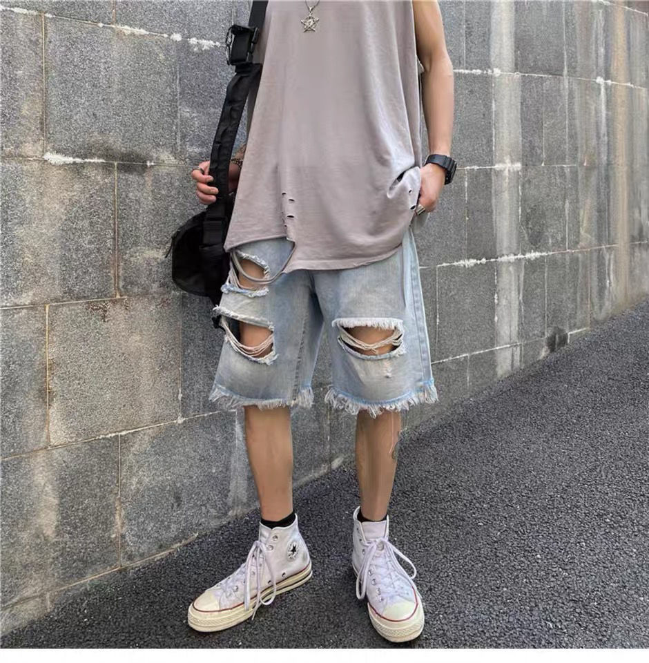 欧美高街乞丐风大破洞fog风格做旧宽松牛仔短裤潮男嘻哈滑板短裤