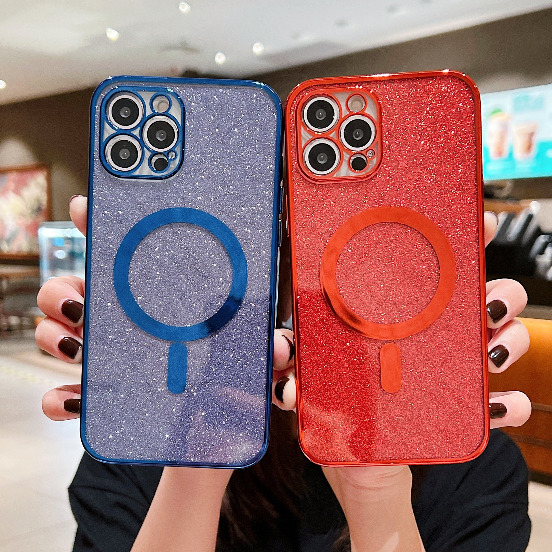 适用iphone14手机壳magsafe磁吸电镀tpu透明苹果13pro闪粉保护套