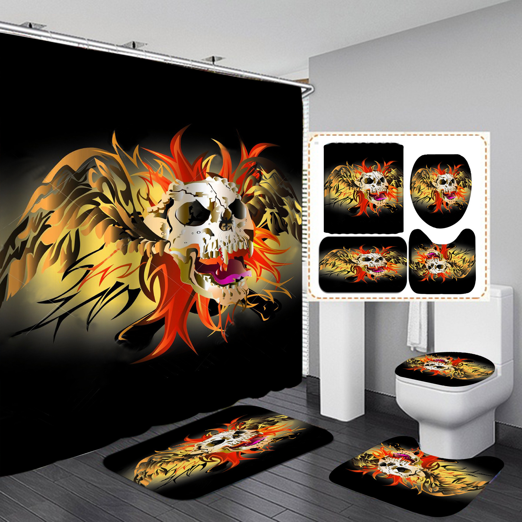 Amazon HD Digital Printing Shower Curtain Set Skull Waterproof Punch-Free Partition Curtain Hotel Rain Curtain