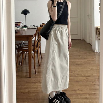 口袋工装裙美式复古高腰 a字中长款半身裙休闲设计感百搭上衣套装