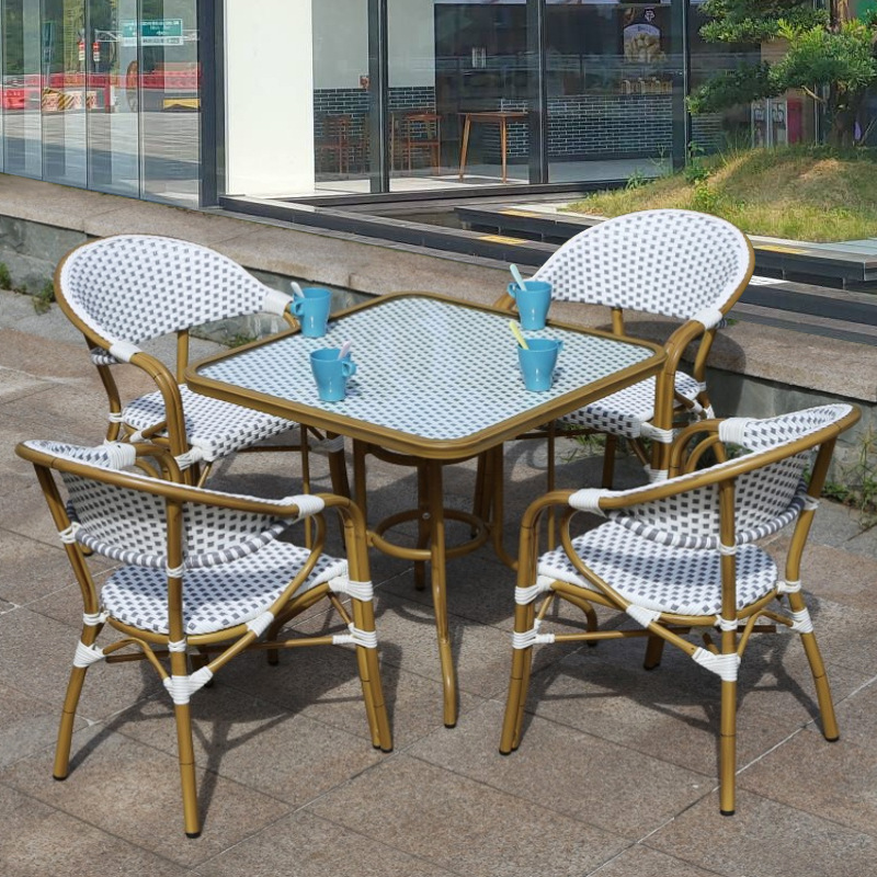 露天藤椅新款80方形户外藤编铝制餐桌椅伞绿白会所金属桌椅长方形