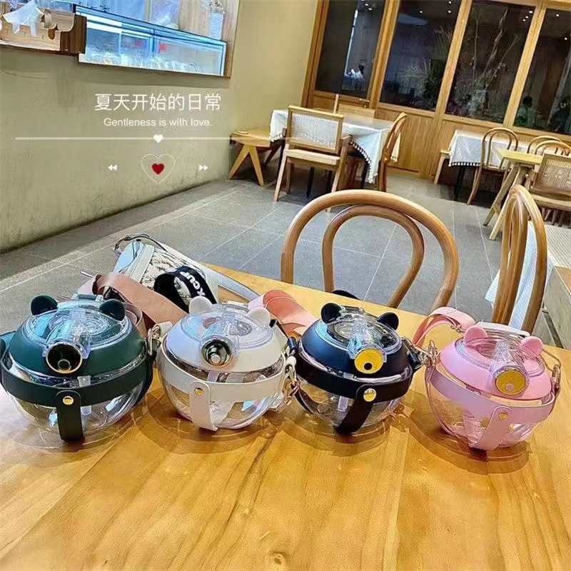 Trending Cartoon Cat Ears Plastic Cute Ball Cup Carrying Summer Student Good-looking round Magic Pillow Water Cup