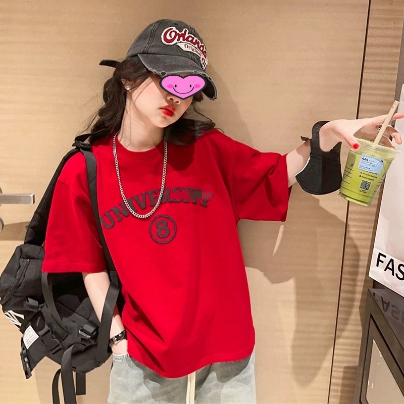 女童红色短袖t恤大童夏季女孩字母上衣半袖儿童夏装宽松体恤-阿里巴巴