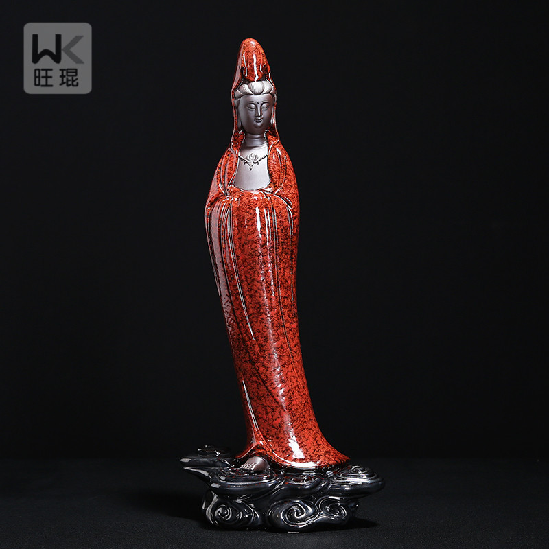 陶瓷紫砂红如意观音佛像客厅家用居家供奉佛摆件招财瓷观世音菩萨