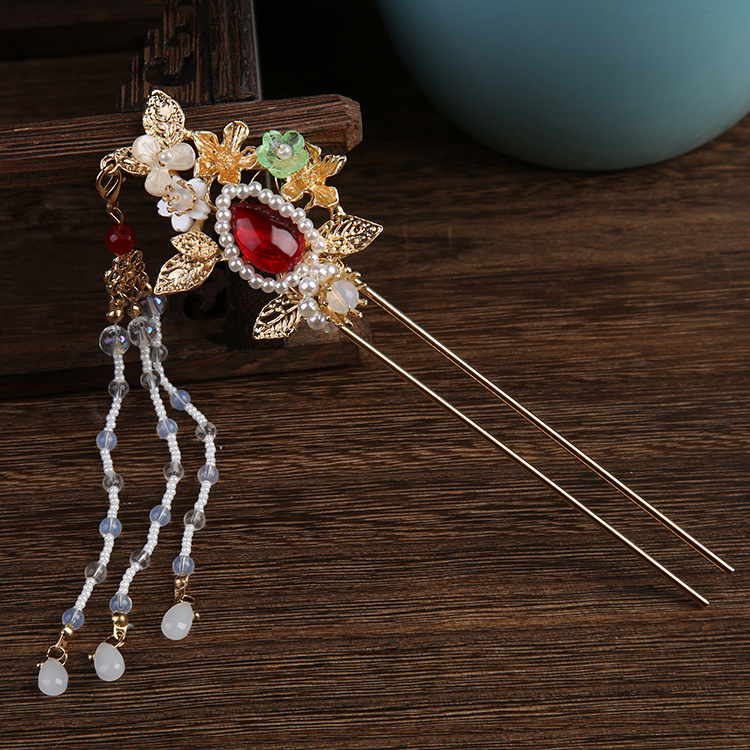 汉服发叉头饰古风女金色流苏步摇流苏唯美簪子秀禾服发簪盘发饰品