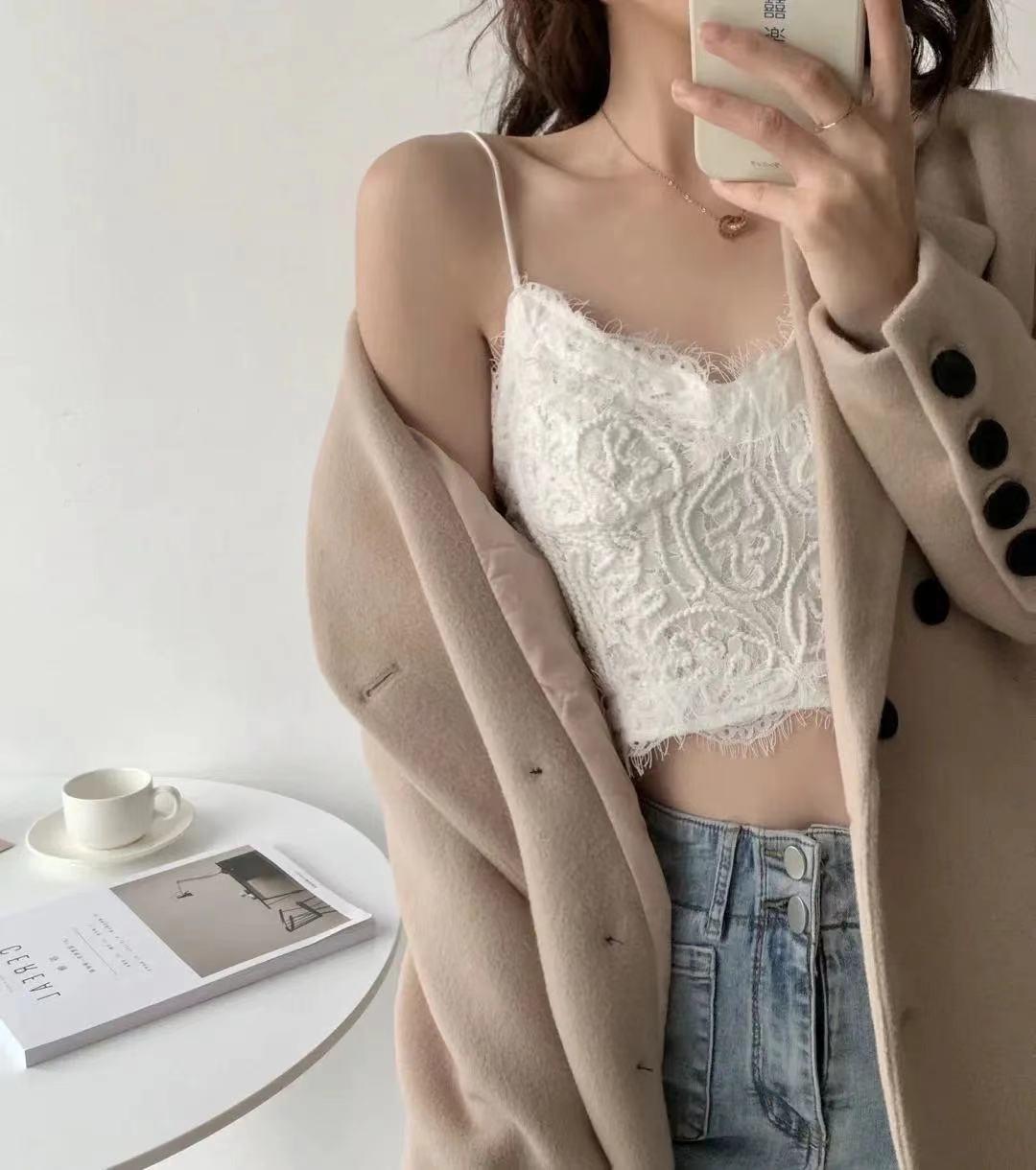 文文同款美背外穿内搭吊带背心睫毛绳绣蕾丝时尚带胸垫抹胸内衣女