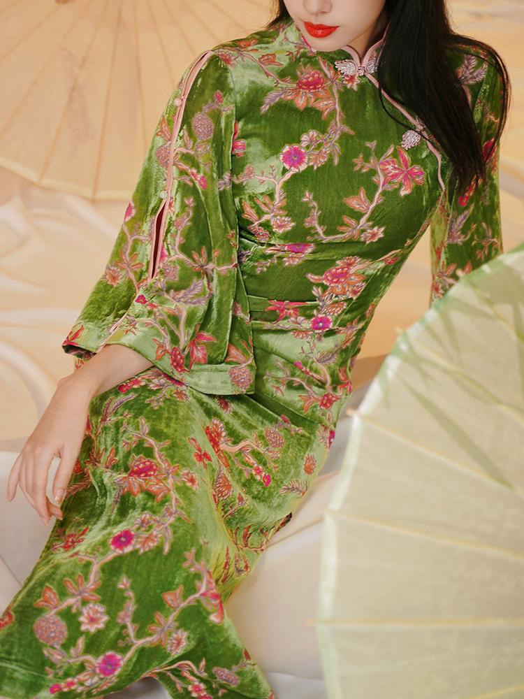 改良淡绿色连衣裙女三月烟花年新款国风丝绒烧花旗袍-阿里巴巴