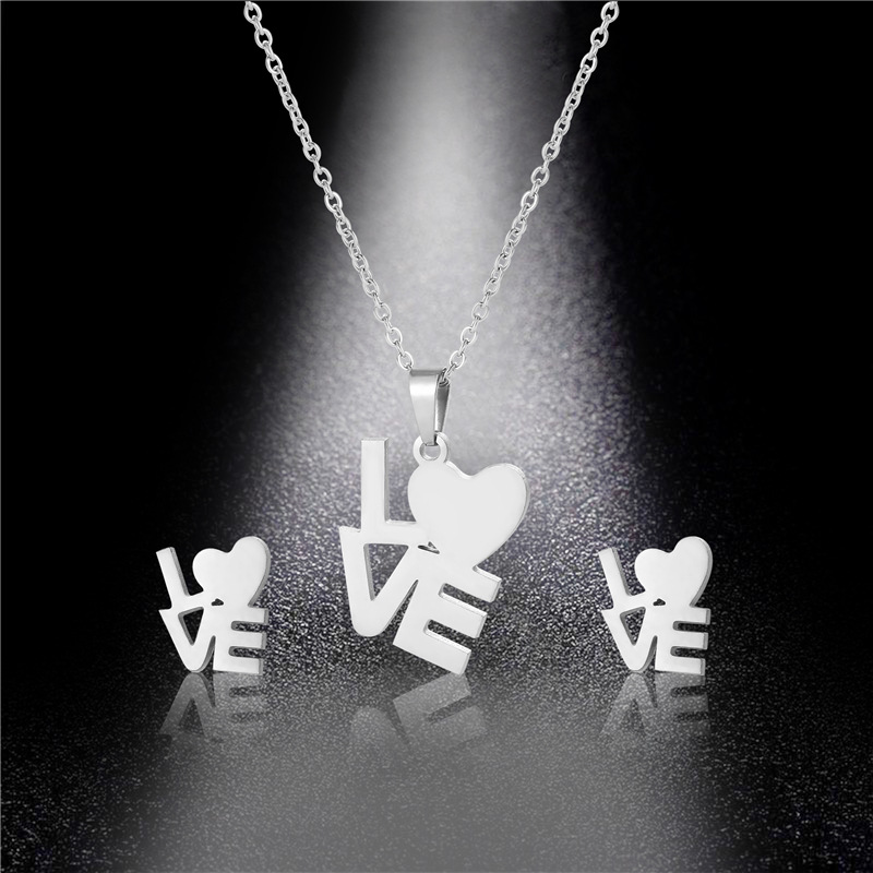 Love Necklace Women's Simple European and American Style Letter Pendant Earings Set Stainless Steel I Love You Clavicle Chain Jewelry