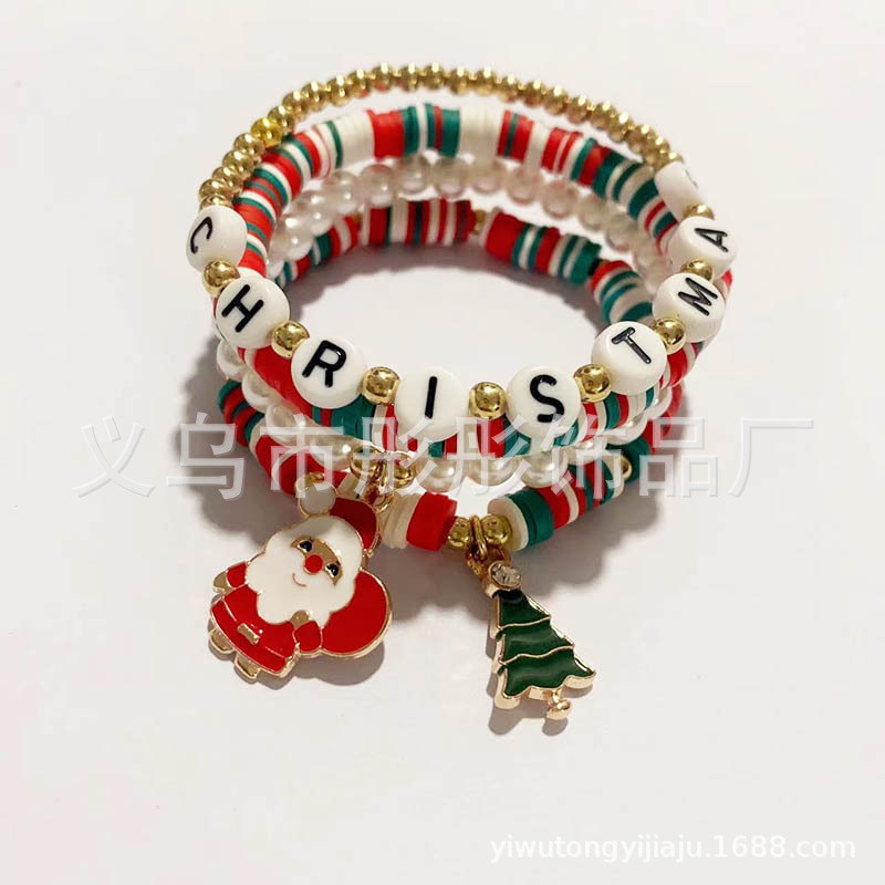 New Autumn and Winter Christmas Style Soft Pottery Beaded Bracelet Christmas Tree Pearl Cartoon Sweet All-Match Bracelet Girlfriends