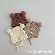 ins韩版儿童六边形格可爱球球针织帽 冬季小童宝宝保暖套头毛线帽