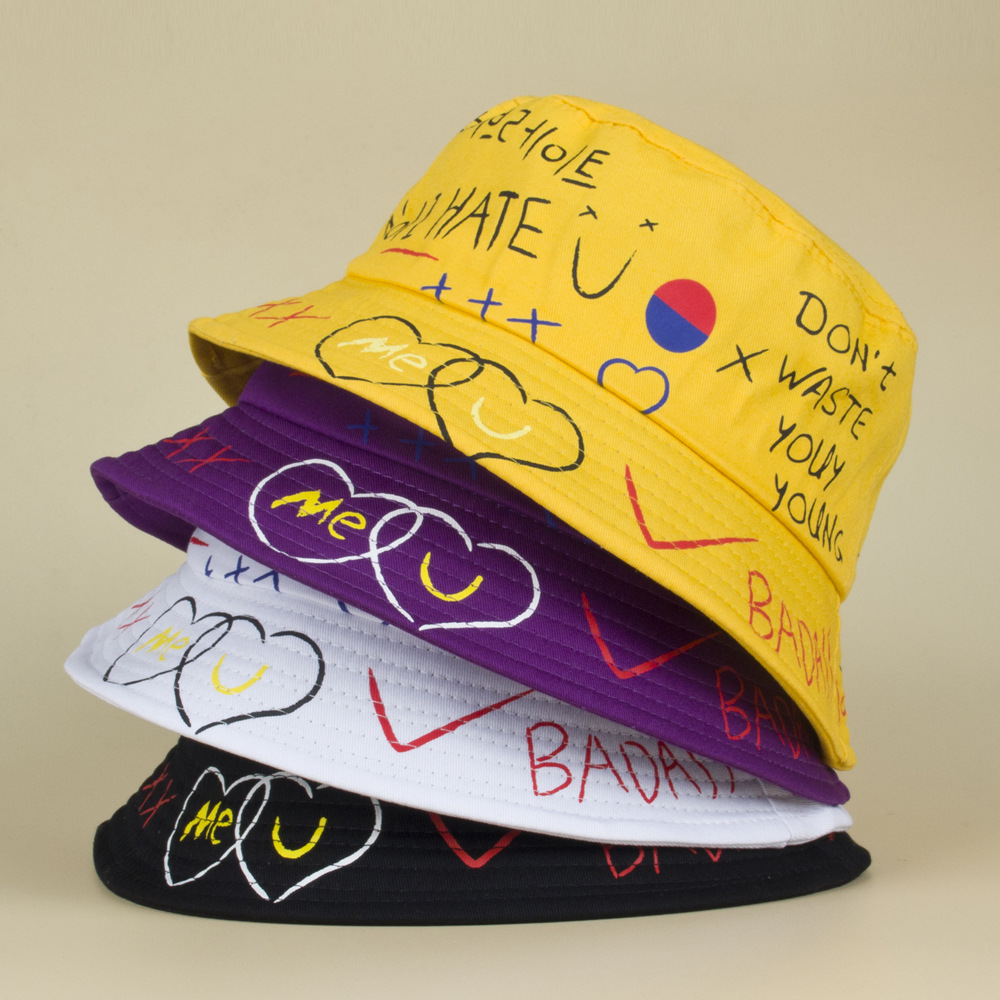 字母印花渔夫帽手绘盆帽创意情侣旅游帽涂鸦爱心遮阳帽夏季薄款