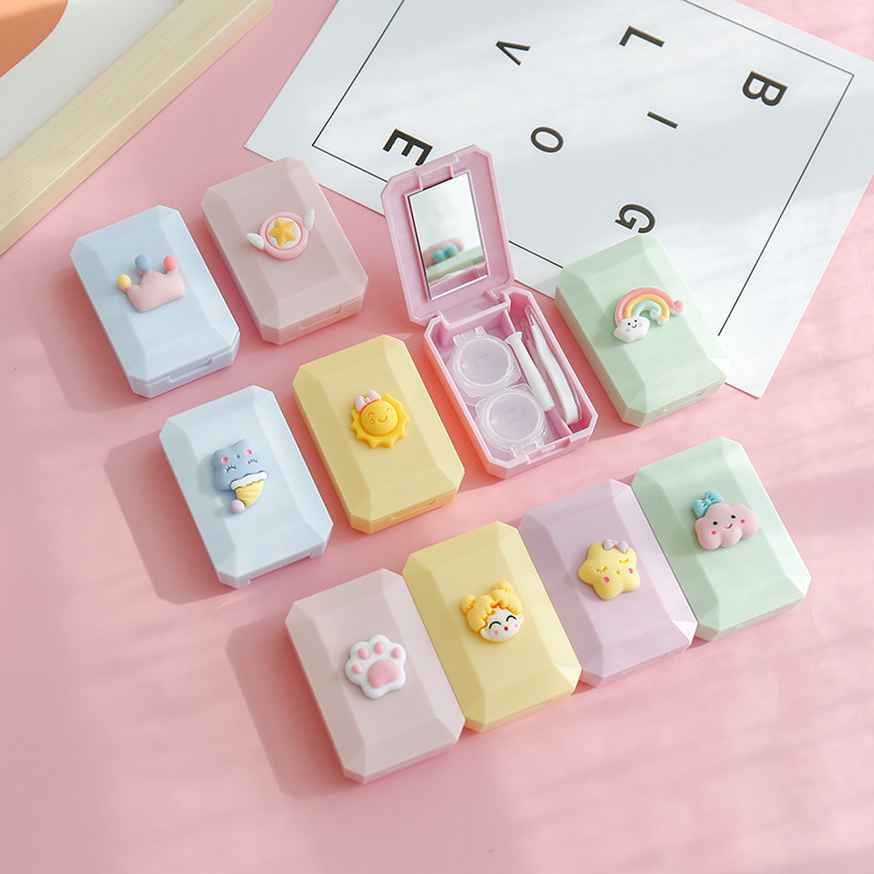 Cute Ins Girl Heart Contact Lens Case Cartoon Mini-Portable Colored Contact Lenses Case Couple Box Contact Lens Case with Mirror