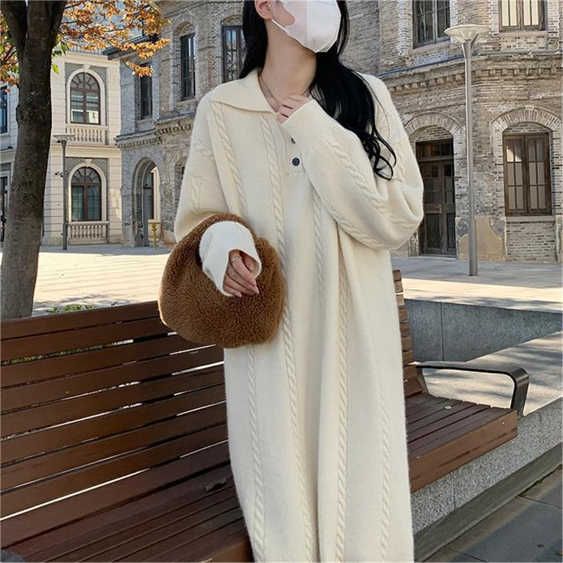 Long Idle Style Lapel Knitted Dress 2024 Spring and Autumn New Design Sense Solid Color Cable-Knit Sweater Base Skirt