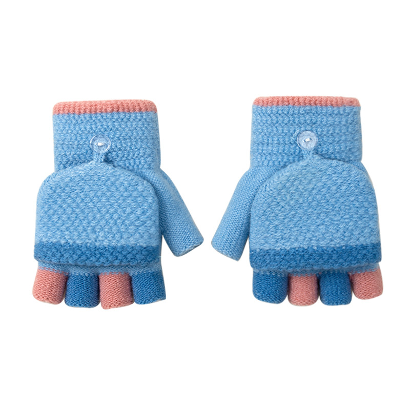 Children Writing Half Finger Gloves Girl Autumn and Winter Flip Open Finger Knitted Warm with Velvet Male Cute Cartoon Wholesale