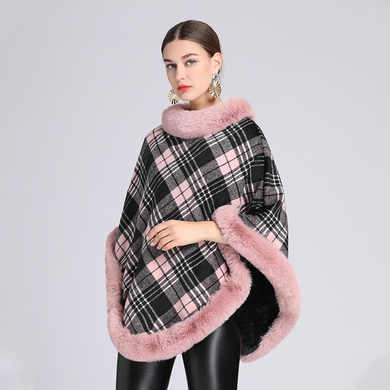 619# Autumn and Winter New Plaid Fleece-Lined Thickened Imitation Rex Rabbit Fur Collar Cape and Shawl Knitted Pullover Woolen Coat