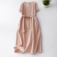 2023夏季新款风琴褶系带棉麻连衣裙女中长款韩版宽松设计感裙子