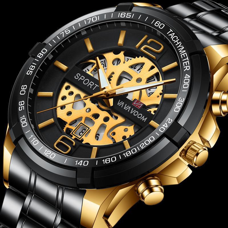 亚马逊va va voom非全自动机械多功能手表日历钢带镂空手表批发
