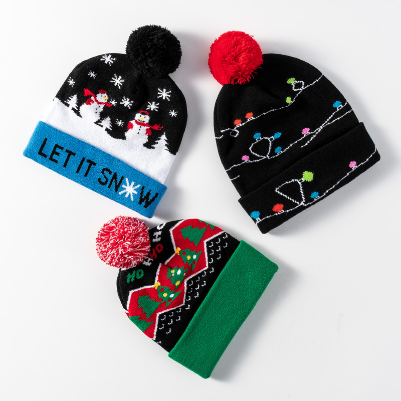 Fashion Fur Ball Knitted Christmas Hat plus Color Light Custom Multi-Color Jacquard Embroidered Knitted Hat Custom Embroidered Acrylic