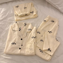 日系熊猫可爱睡衣女夏季薄款短袖纯棉开衫翻领网红风家居服三件套