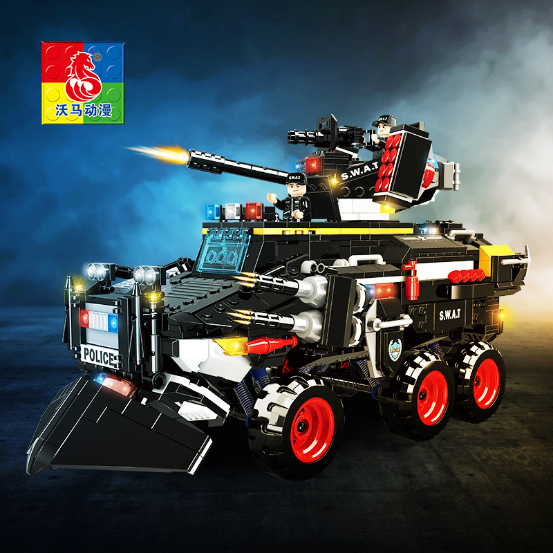 沃马积木科技特警装甲车战队男孩拼装警察汽车飞机儿童玩具代发