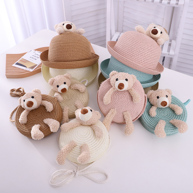 Spring and Summer New Children's Bags Straw Hat Set Dome Small Flip Hat Clothes Accessories Sun-Proof Breathable Straw Woven round Bag