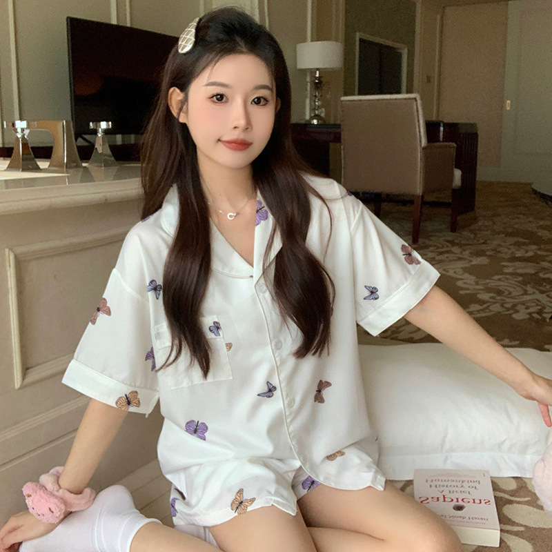 爆款夏季冰雪丝睡衣女薄款甜美蝴蝶印花冰丝丝绸睡衣家居服两件套