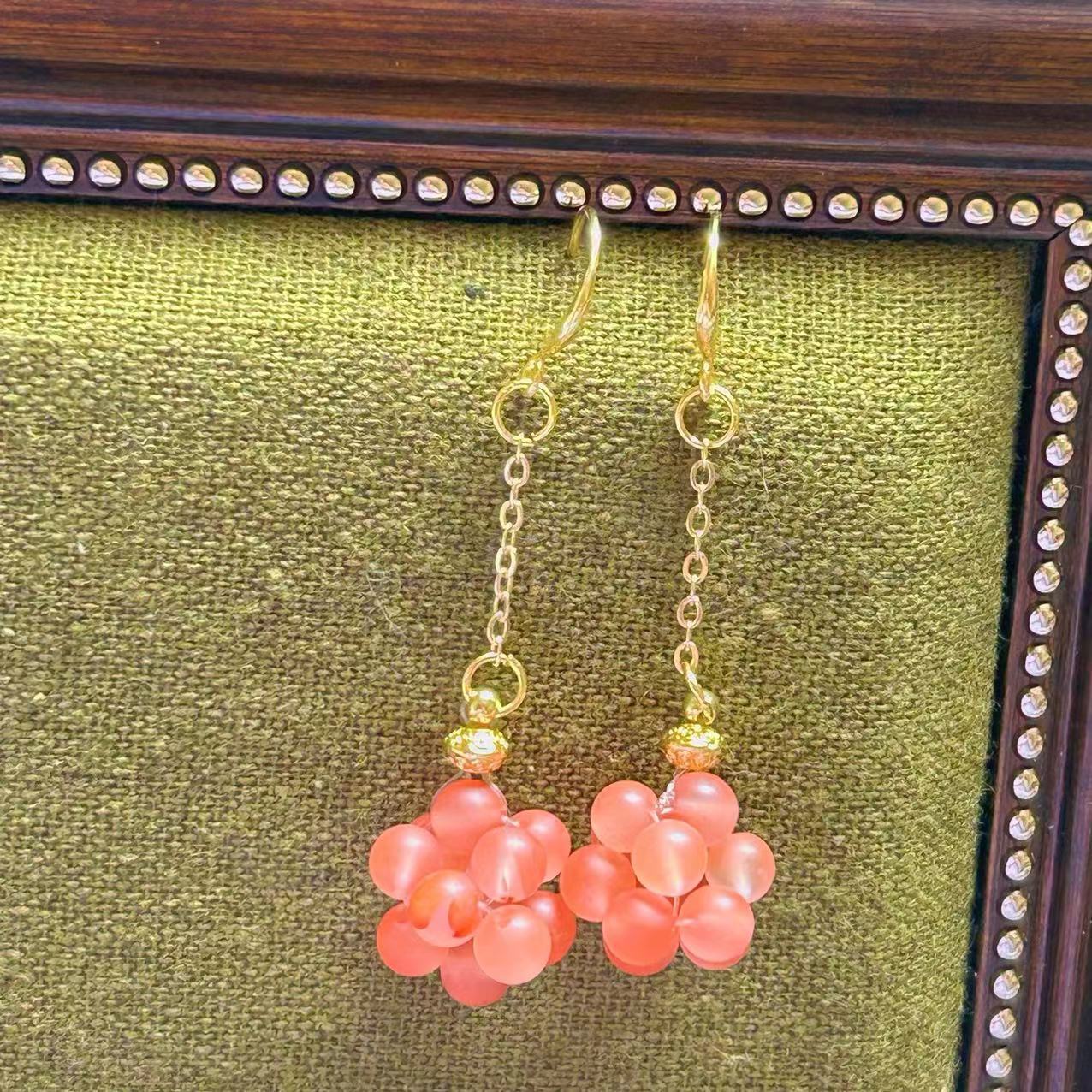 中古高级感天然冰飘南红玛瑙耳环 重工紫幽灵葡萄串黄铜镀金耳环