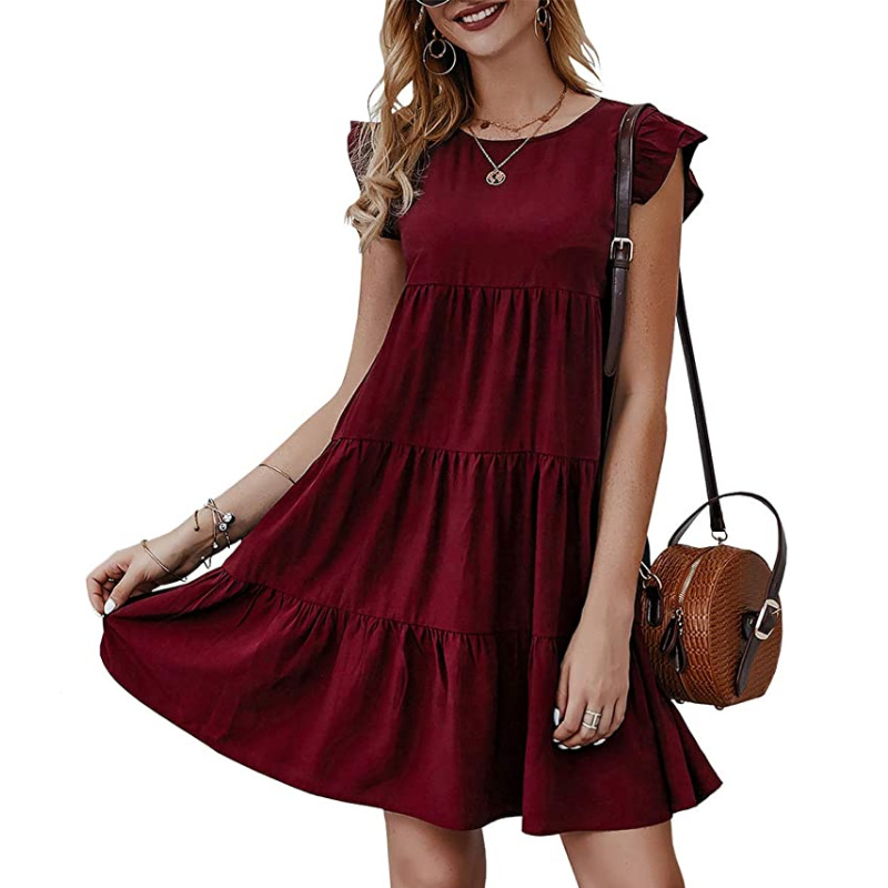 2023 Summer Women's Clothing New European and American Style Dress Solid Color round Neck Short Sleeves Casual Cake Dress Pleated Large Swing Skirt Women Clothes
