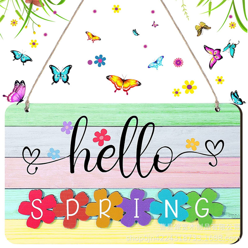 夏季木质欢迎牌春天标志乡村门牌 hellospring墙壁挂牌木质标牌