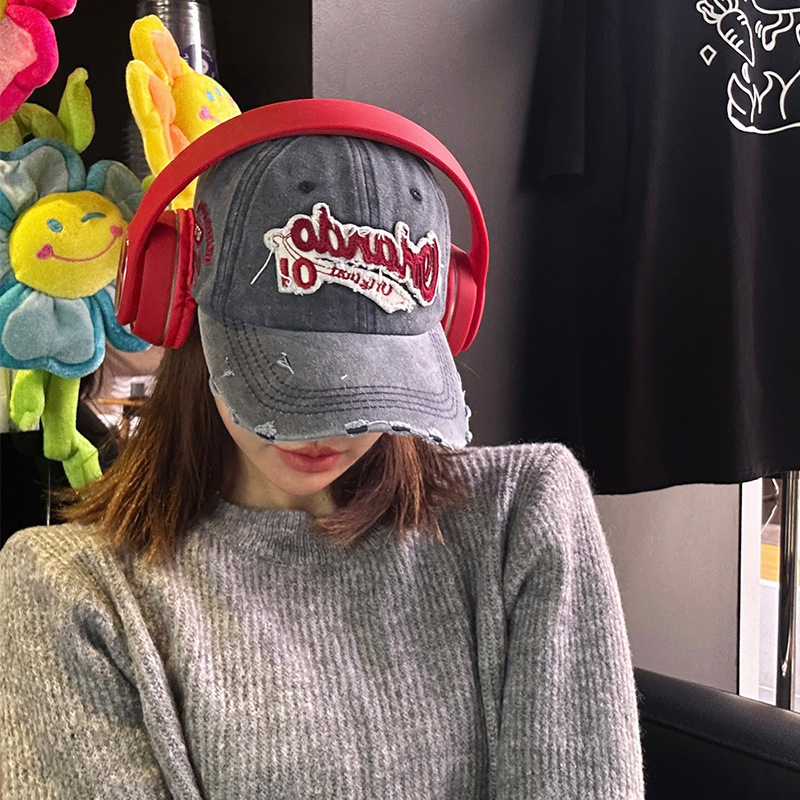 大版型美式复古做旧棒球帽女大头围水洗破洞牛仔鸭舌帽显脸小帽子
