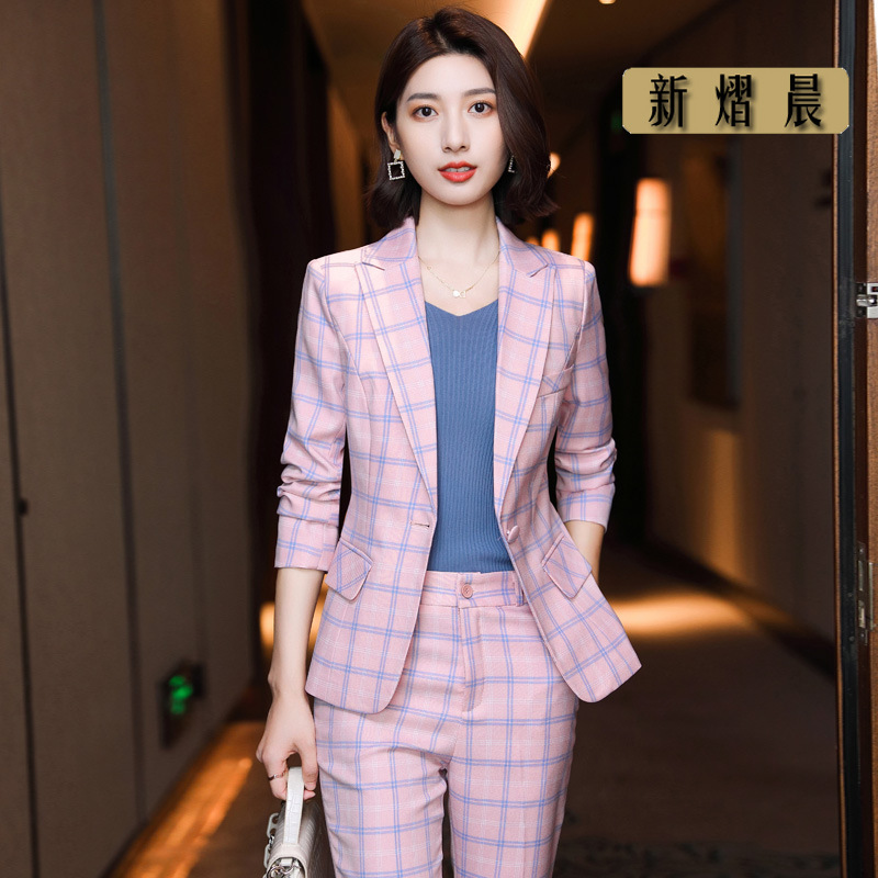 秋冬新款韩版时尚格子小西装女式职业装套装长袖西服外套女修身