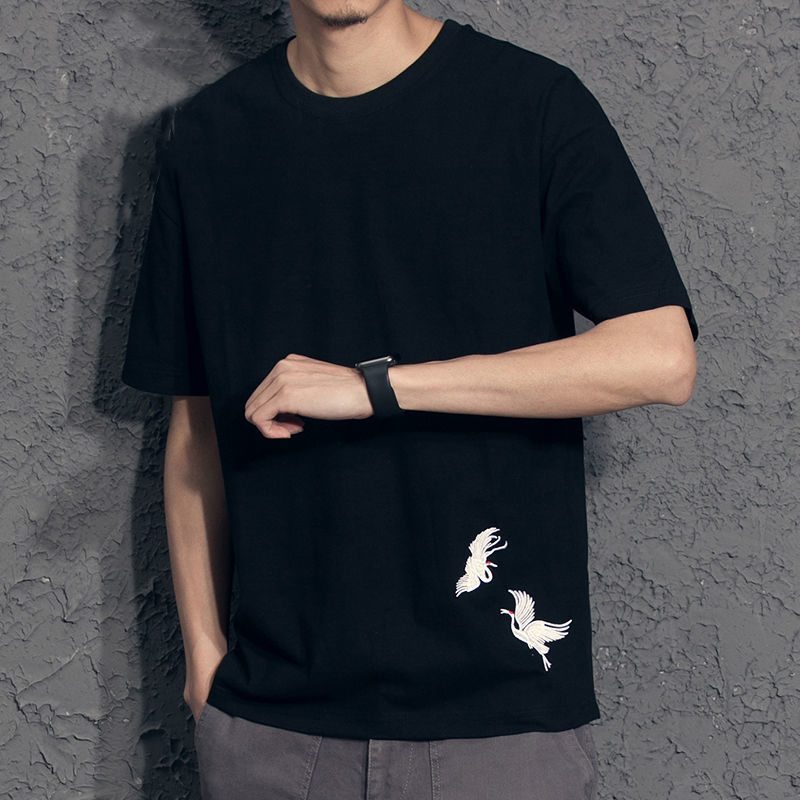 中国风仙鹤刺绣宽松时尚潮男短袖小清新文艺青年男士t恤半袖体恤