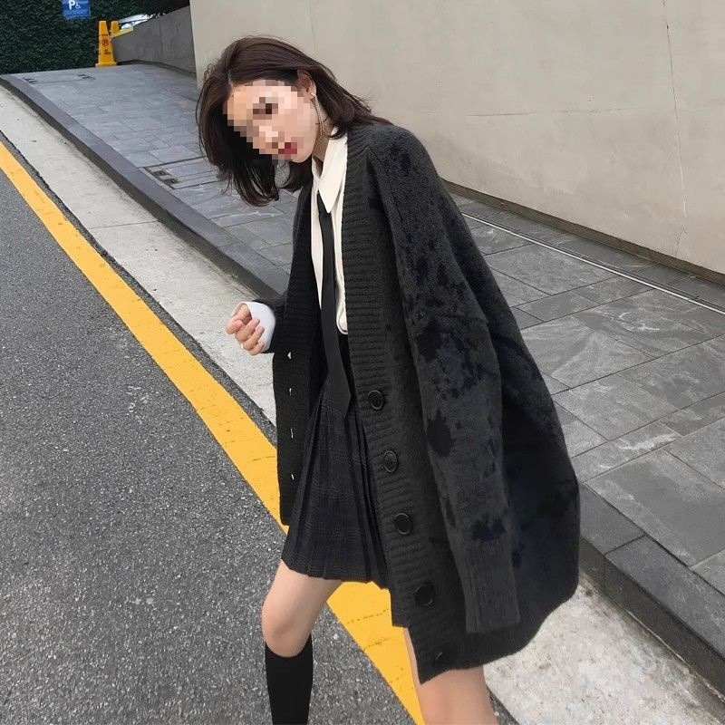 韩版灰色外搭针织开衫中长款毛衣外套女慵懒风秋冬新款宽松外穿厚