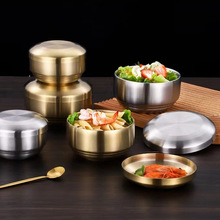 韩式304不锈钢双层碗 金色带盖汤碗 婴儿辅食碗 家用泡菜碗饭碗