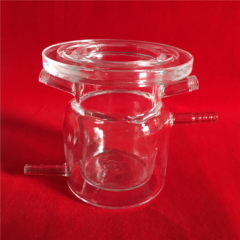 可定制实验室仪器圆柱形透明双层石英玻璃坩埚带支管法兰如图纸