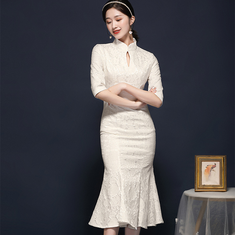 礼服鱼尾裙春装2021年新款女装名媛气质蕾丝长款旗袍连衣裙81020