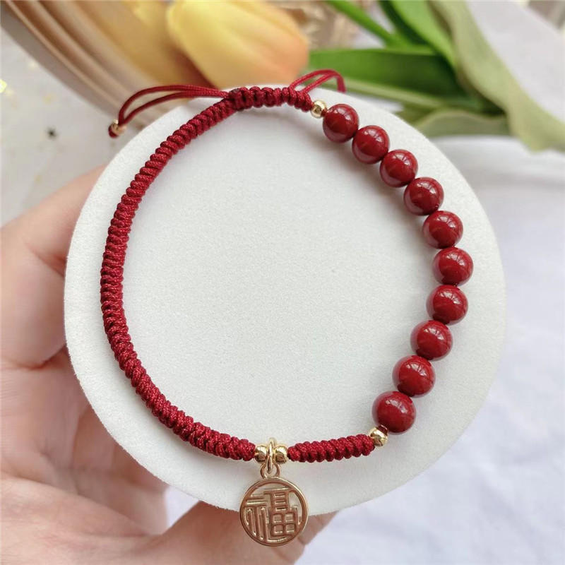 天然石榴石福牌手串转运平安朱砂红绳手编绳送女友礼物ins小众