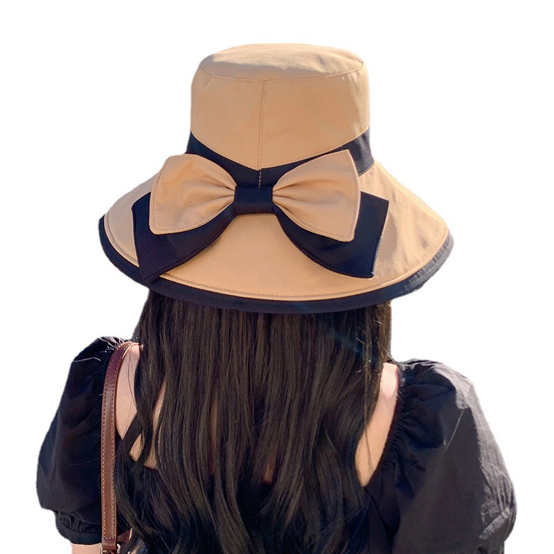 New Korean Style Spring and Summer Cotton Polyester Bucket Hat Women's Sweet Temperament Bow Bucket Hat Big Brim Sun Hat