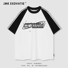JMK EXDVATIE美式复古潮牌插肩织带短袖t恤街头休闲宽松字母印花