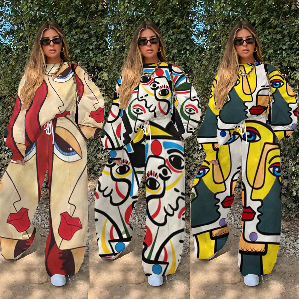 欧美秋装女装时尚2021秋季新款波普印花跨境亚马逊撞色宽松两件套