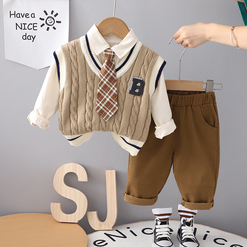 Boys Autumn Clothing Suit Tie B- Shaped Sweater Three-Piece Set 2023 New 1-2-4 Years Old Children's Wear Casual Fashionable