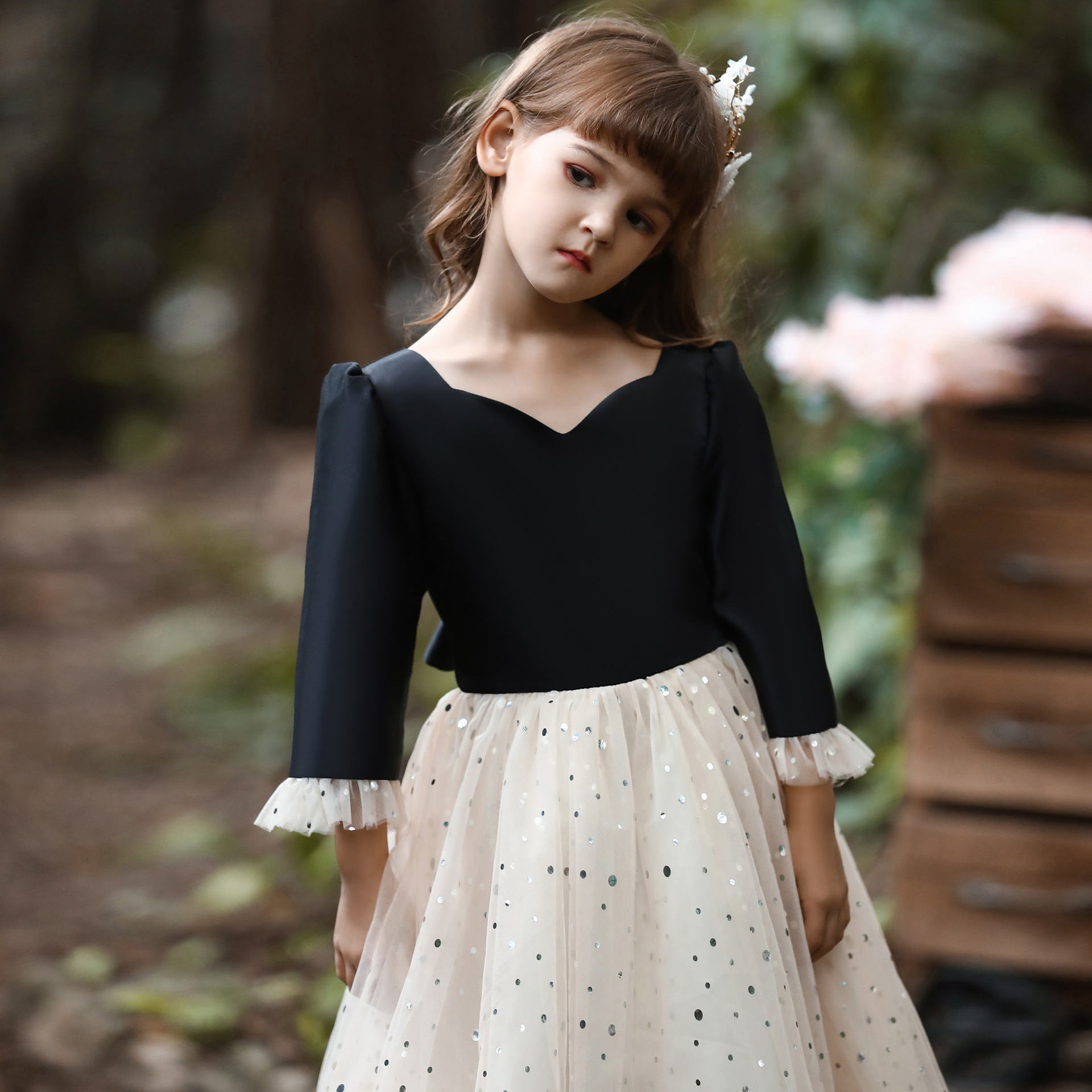 欧美新款女童礼服裙长款波点亮片网纱公主裙中大童花童走秀演出服