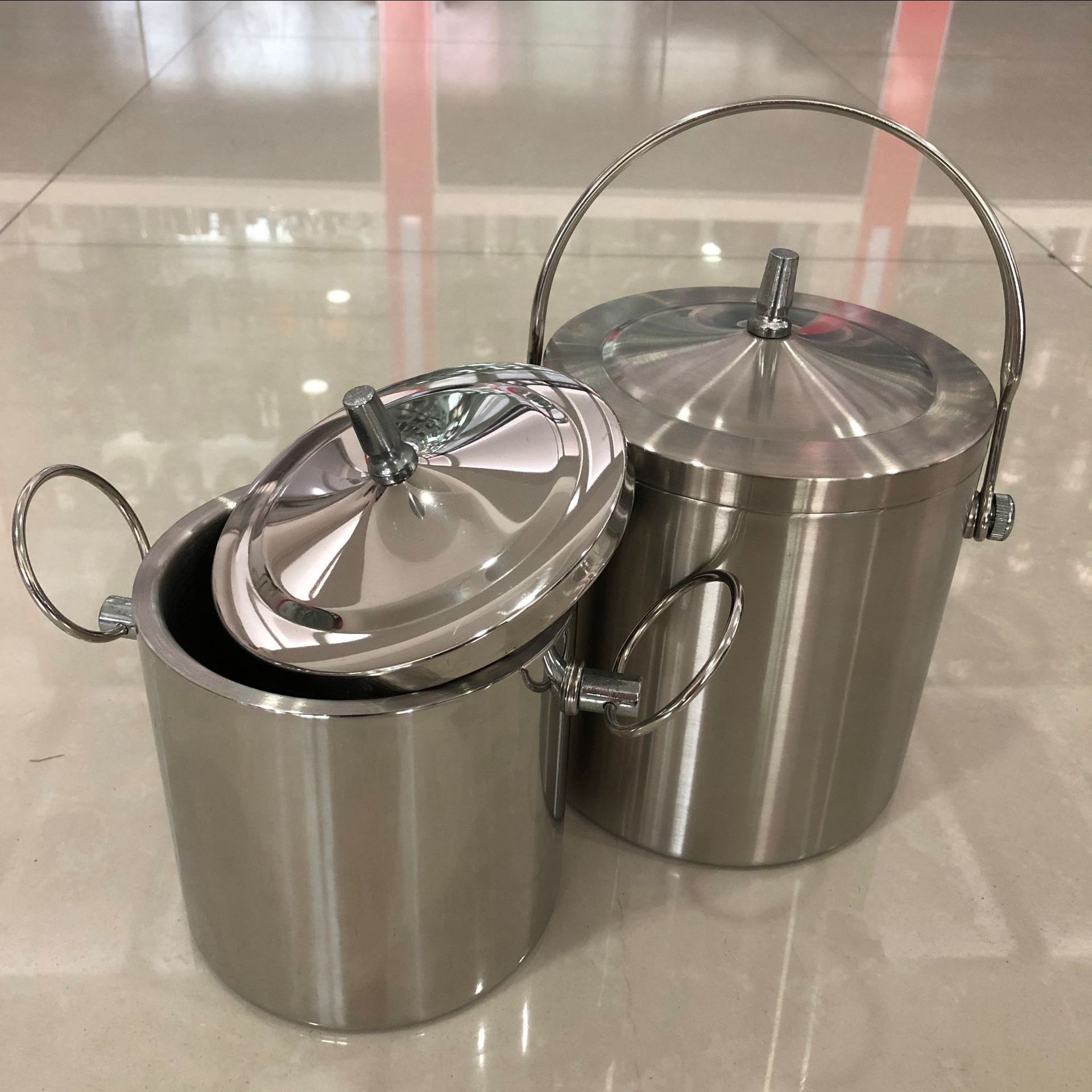 不锈钢冰桶 手提直型双层保温冰粒桶 双环带盖镜面亮光直筒金属桶