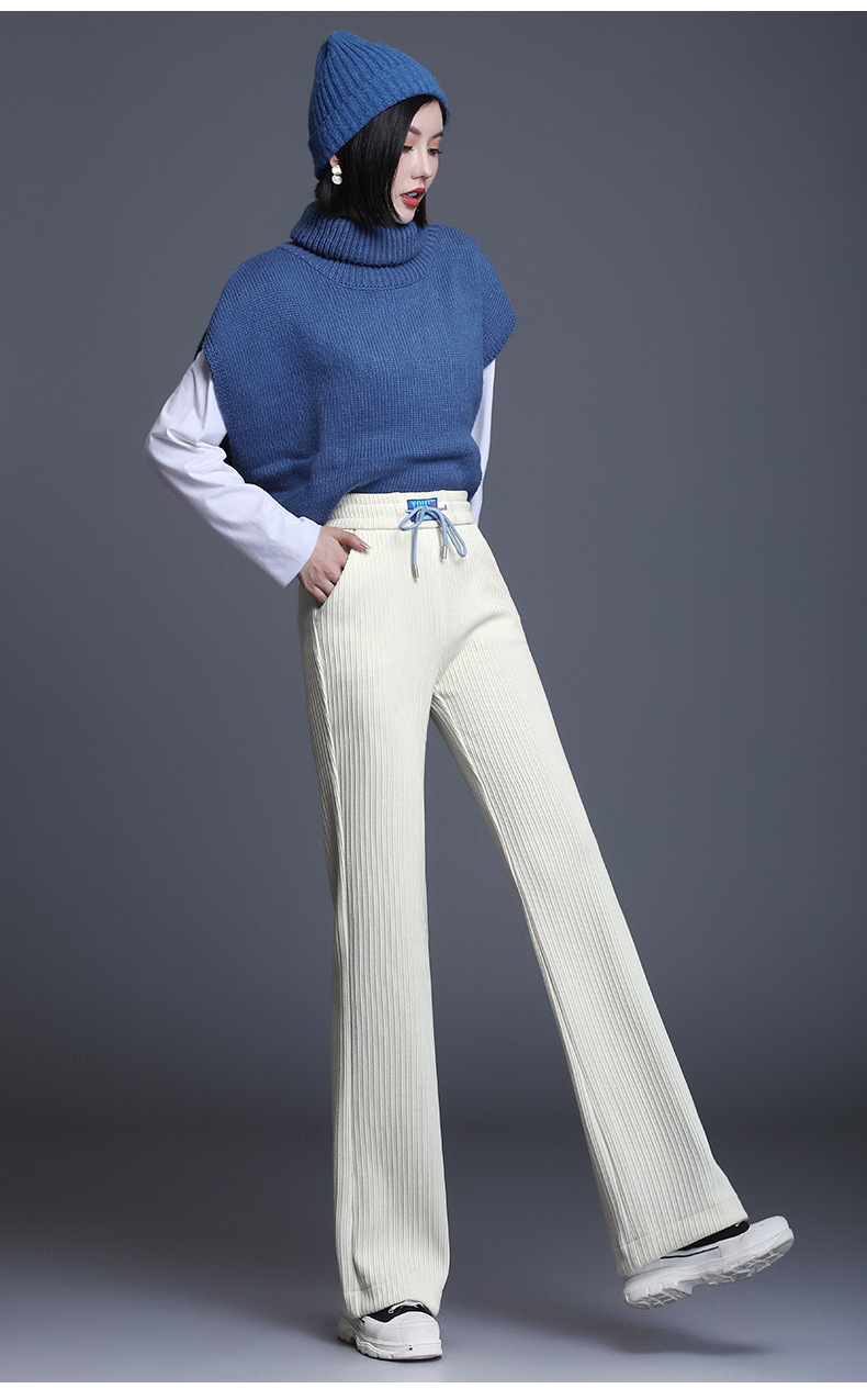加厚雪尼尔筒喇裤女秋冬系带高腰显瘦休闲裤保暖直筒阔腿条绒长裤