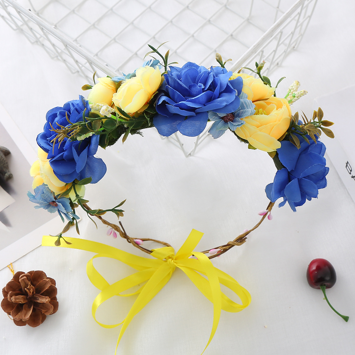 跨境新品波西米亚风花环马卡龙彩色绢花头饰可调节头箍发冠女头带