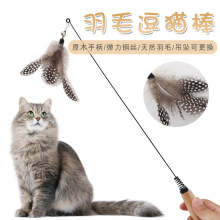 宠物用品亚马逊新款木柄弹簧羽毛逗猫棒 铃铛羽毛逗猫玩具批发